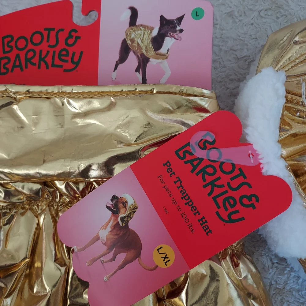 Boots & Barkley Large Chic Gold Dog Puffer Jacket Vest and Hat Outfit Winter